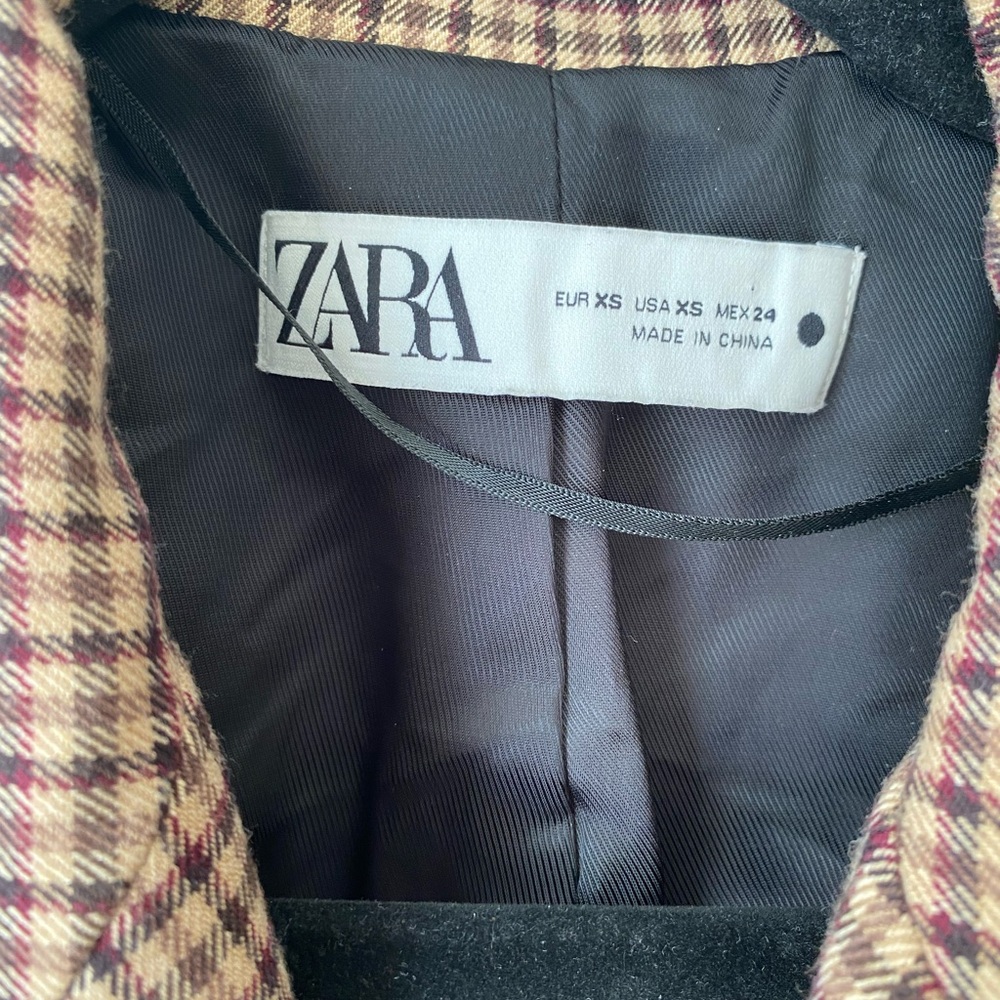 Zara Textured Brown Check Double Breasted Blazer Jacket Size XS - Picture 3 of 10